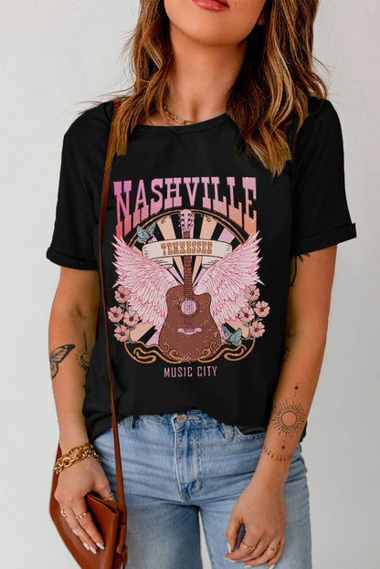 NASHVILLE TENNESSEE MUSIC CITY Graphic Round Neck Tee-Jewearrings