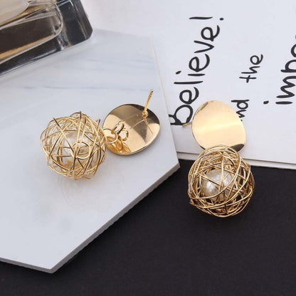 Vintage Geometric Earrings Simple Woven Ball Pearl Stud Earrings-Jewearrings