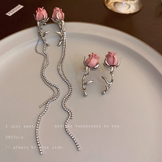 Silver Needle Roses Flower Earrings Rhinestone Tassel Ear Clip-Jewearrings