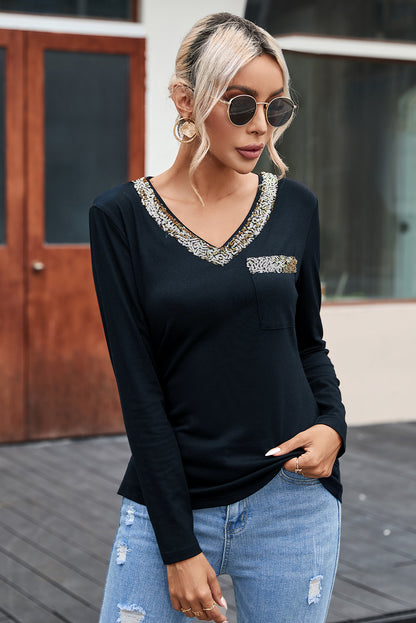 Sequin Contrast Long Sleeve T-Shirt-Jewearrings