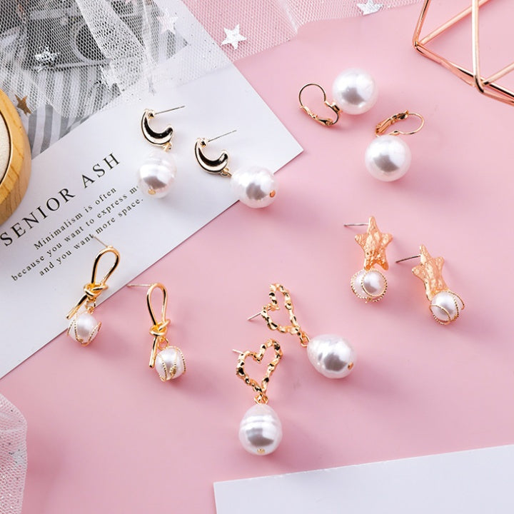 Korean version of the new fashion geometry love stars pearl curved earrings temperament net red earrings-Jewearrings