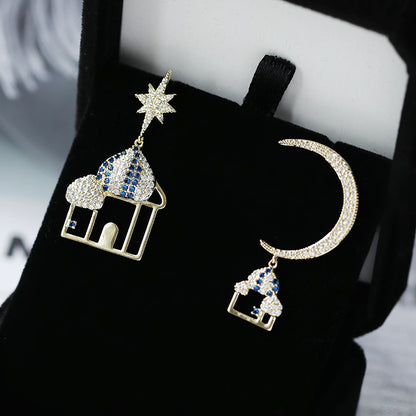 Symmetrical Castle Star and Moon Silver Stud Earrings-Jewearrings