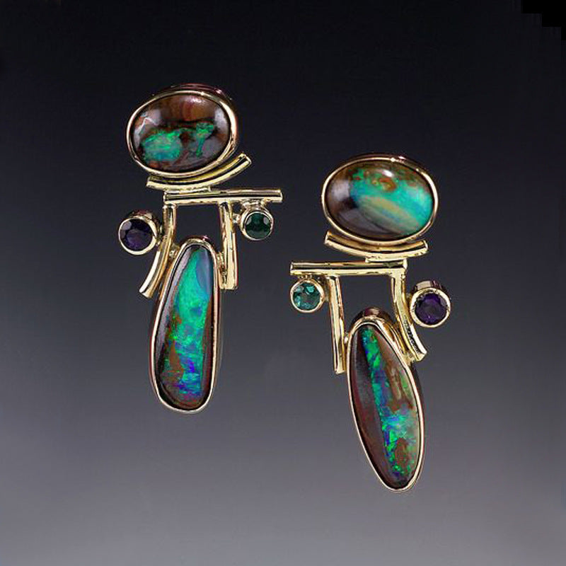 Vintage Gold Color Moonstone Opal Earrings Ladies Luxury Purple Green Crystal Personality-Jewearrings