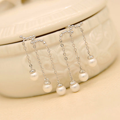 Korean Water Drop Three-Layer Pearl Long Earrings-Jewearrings