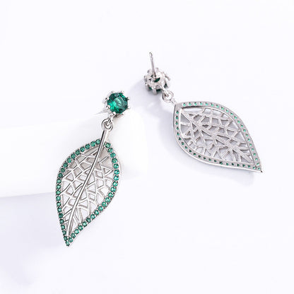 S925 Sterling Silver Jewelry Leaf Stud Earrings With Green Diamonds-Jewearrings