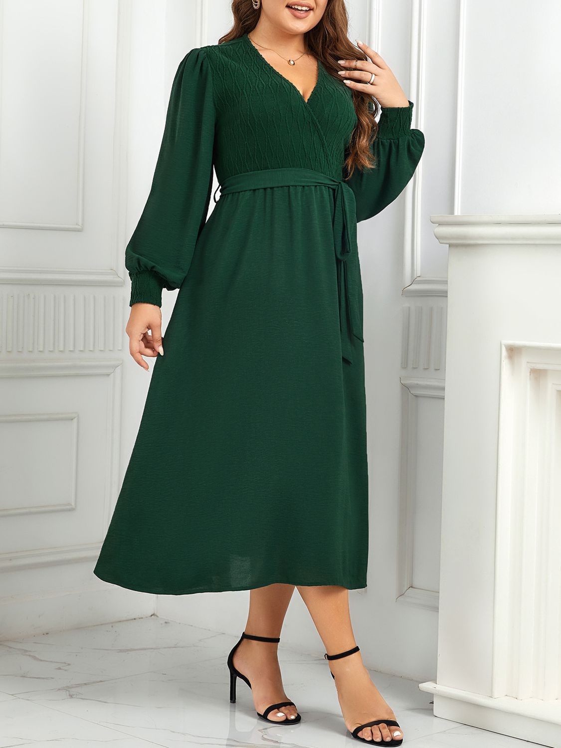 Plus Size Surplice Neck Tie Waist Long Sleeve Midi Dress-Jewearrings