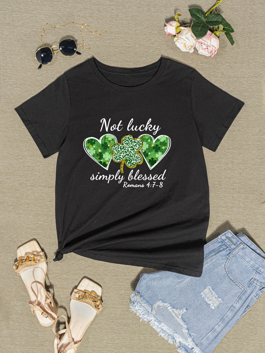 NOT LUCKY SIMPLY BLESSED Heart Round Neck T-Shirt-Jewearrings