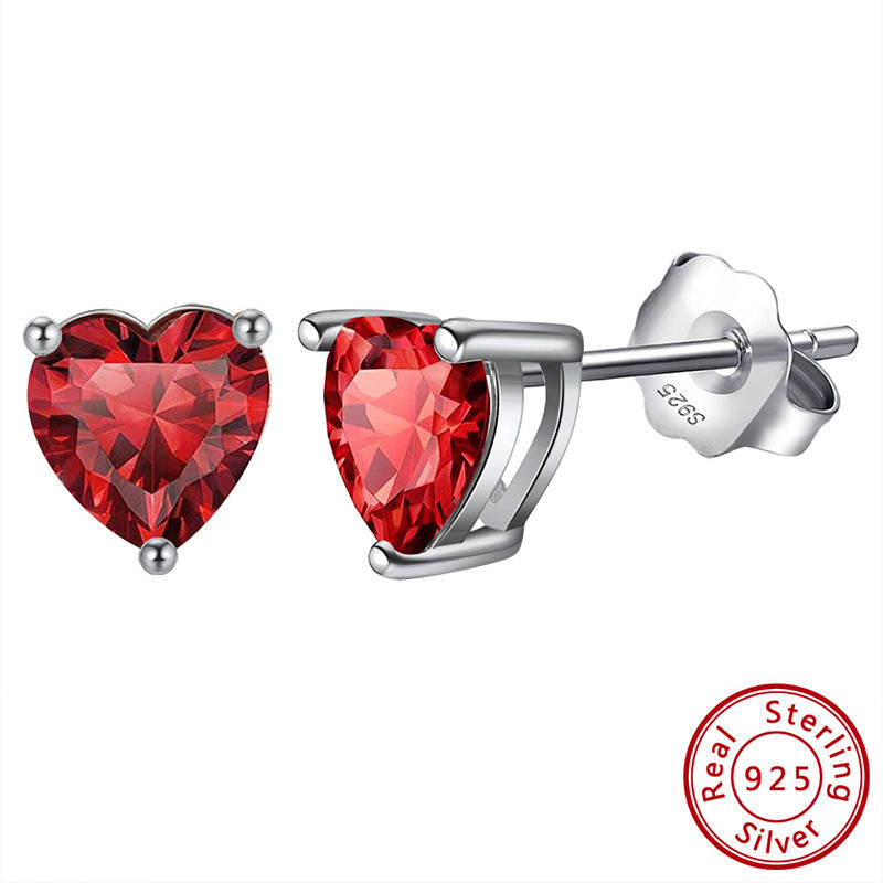 S925 Loving Heart In Sterling Silver Zircon Birthstone Stud Earrings-Jewearrings