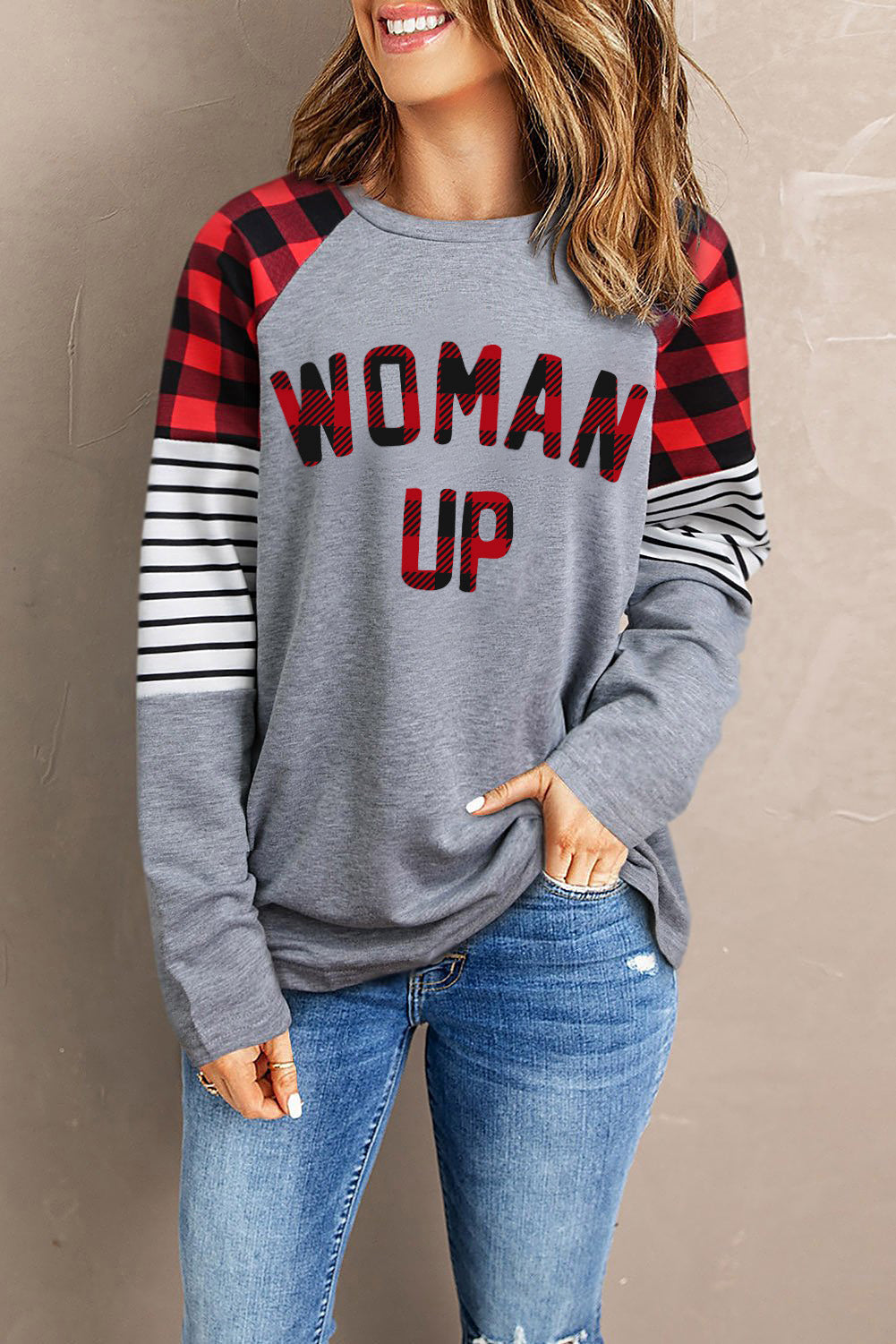 WOMAN UP Plaid Striped Raglan Sleeve Top-Jewearrings