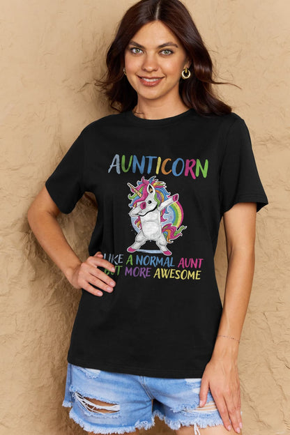 Simply Love Full Size AUNTICORN LIKE A NORMAL AUNT BUT MORE AWESOME Graphic Cotton Tee-Jewearrings