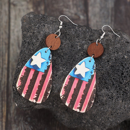 Star & Stripes Wooden Dangle Earrings-Jewearrings