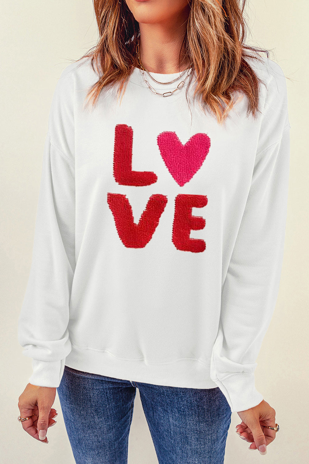 LOVE Embroidered Round Neck Dropped Shoulder Sweatshirt-Jewearrings