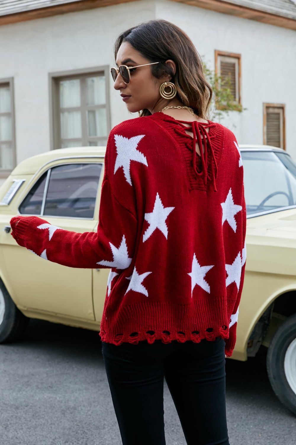 Star Pattern Lace-Up Drop Shoulder Sweater-Jewearrings