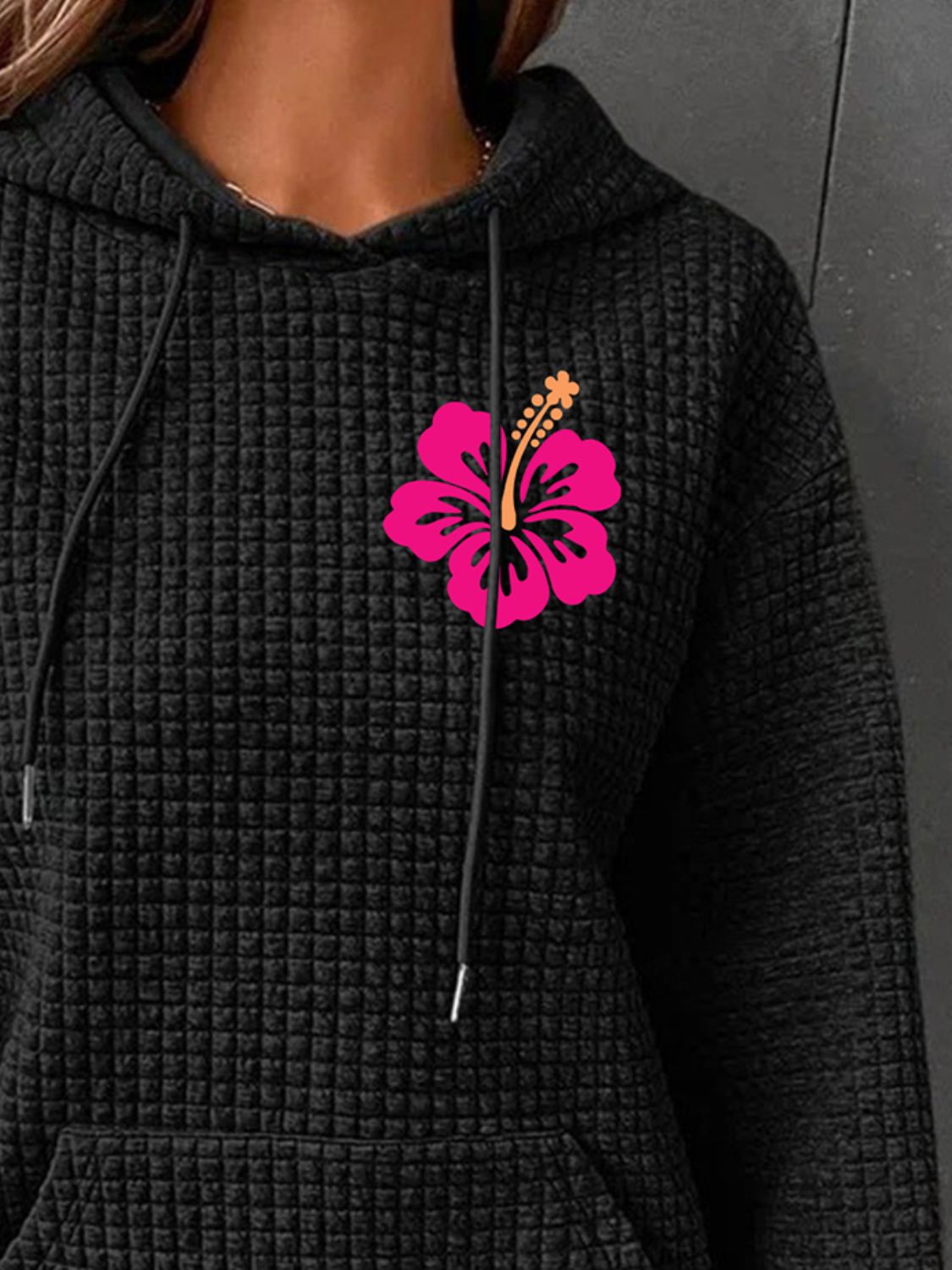 Full Size Flower Graphic Textured Hoodie with Pocket-Jewearrings