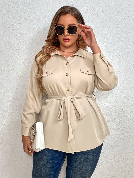 Melo Apparel Plus Size Tie Belt Long Sleeve Shirt-Jewearrings