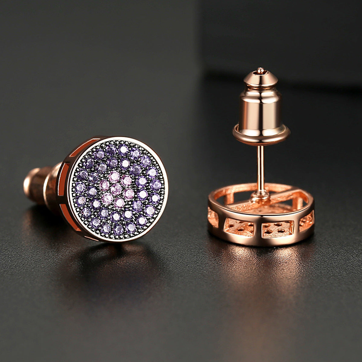 JINSE 9MM Pink Zirconia Round Iced Earrings Rose Gold Color Paved Rhinestone Stud Earrings Fashion Street Rock Hip hop Jewelry-Jewearrings