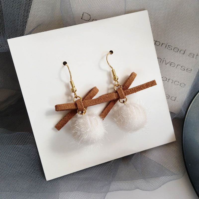 Simple Super Sweet Bow Earrings Warm Fur Ball Earrings-Jewearrings