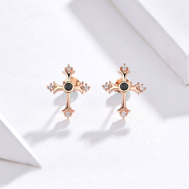 Vintage Rose Gold Plated Cross Stud Earrings-Jewearrings