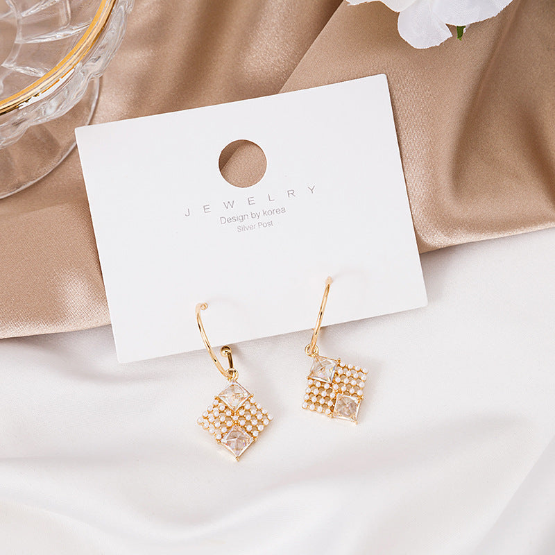 Long French Geometric Square Pearl Earrings-Jewearrings