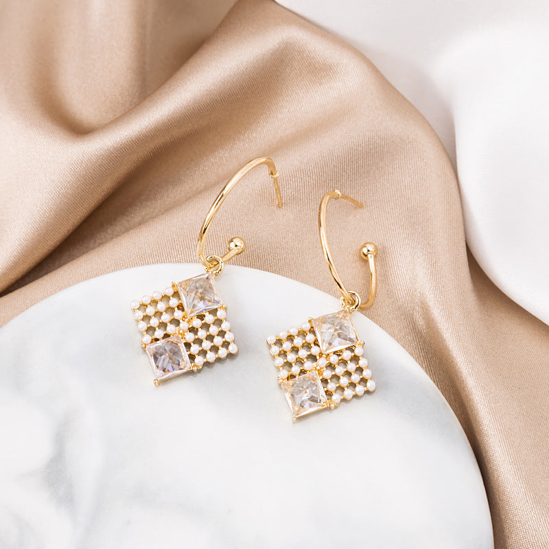 Long French Geometric Square Pearl Earrings-Jewearrings