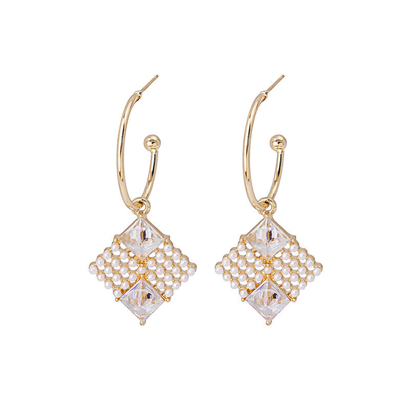 Long French Geometric Square Pearl Earrings-Jewearrings