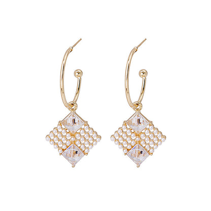 Long French Geometric Square Pearl Earrings-Jewearrings