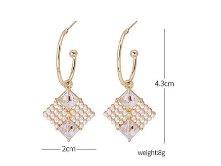 Long French Geometric Square Pearl Earrings-Jewearrings