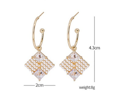 Long French Geometric Square Pearl Earrings-Jewearrings