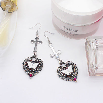 Cross Heart Shaped Antique Silver White Butterfly Earrings-Jewearrings