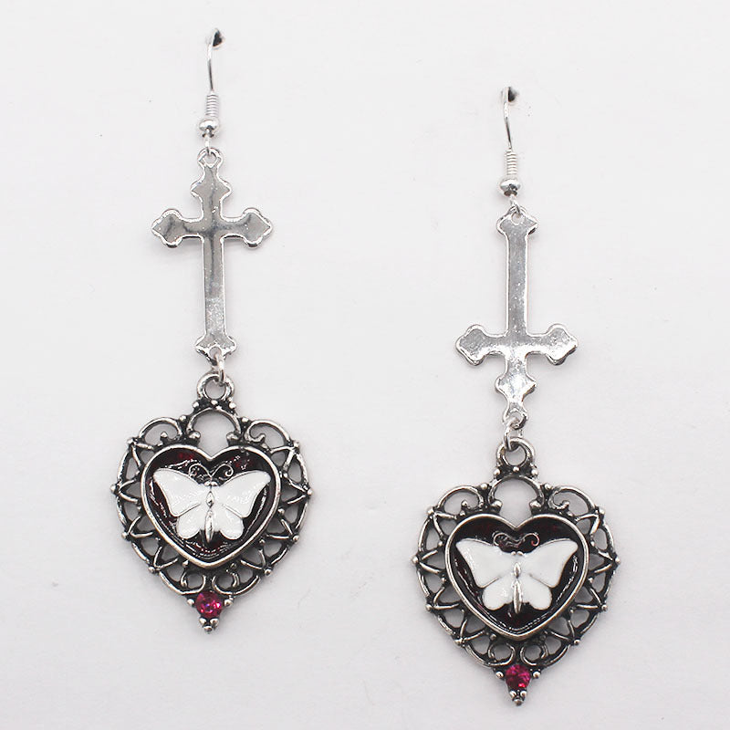 Cross Heart Shaped Antique Silver White Butterfly Earrings-Jewearrings