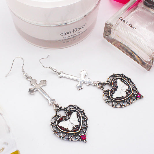 Cross Heart Shaped Antique Silver White Butterfly Earrings-Jewearrings