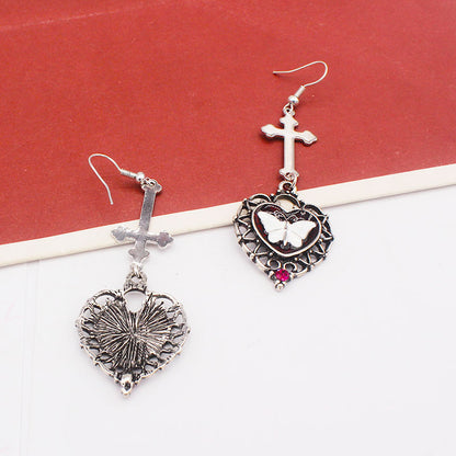 Cross Heart Shaped Antique Silver White Butterfly Earrings-Jewearrings