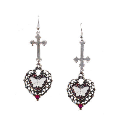 Cross Heart Shaped Antique Silver White Butterfly Earrings-Jewearrings