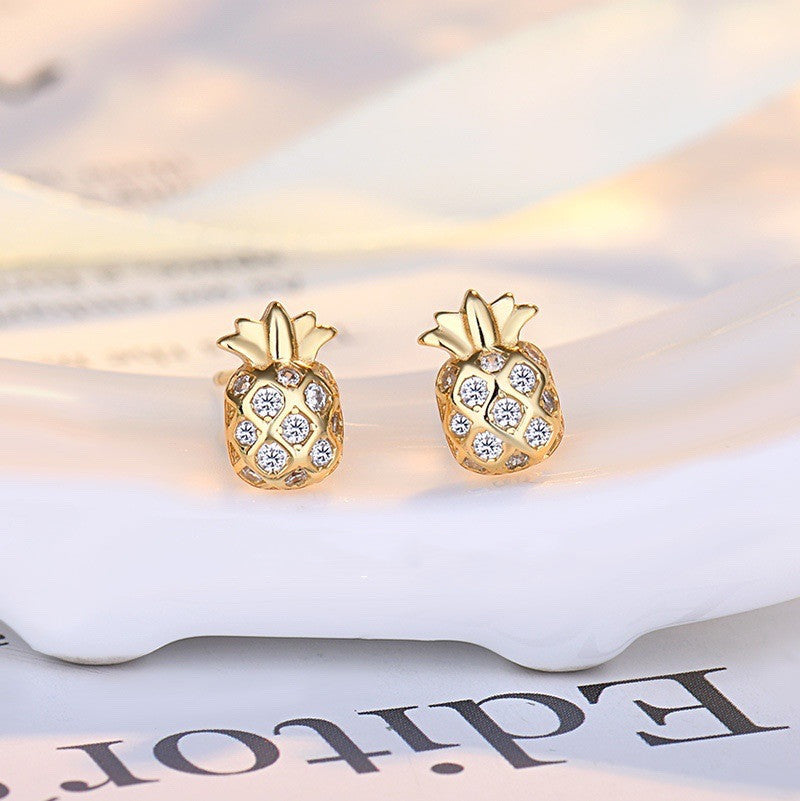 S925 Sterling Silver Gold Pineapple Earrings Female Students Simple Wild Earrings-Jewearrings