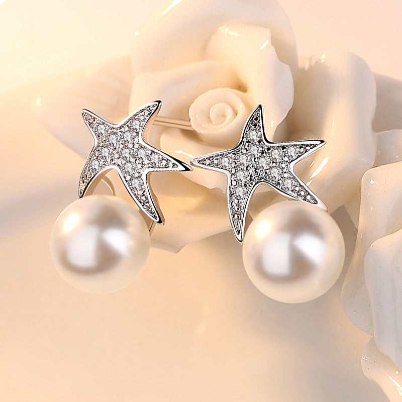 Silver Needle Starfish Short Stud Earrings-Jewearrings