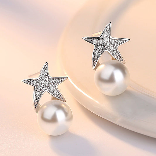 Silver Needle Starfish Short Stud Earrings-Jewearrings