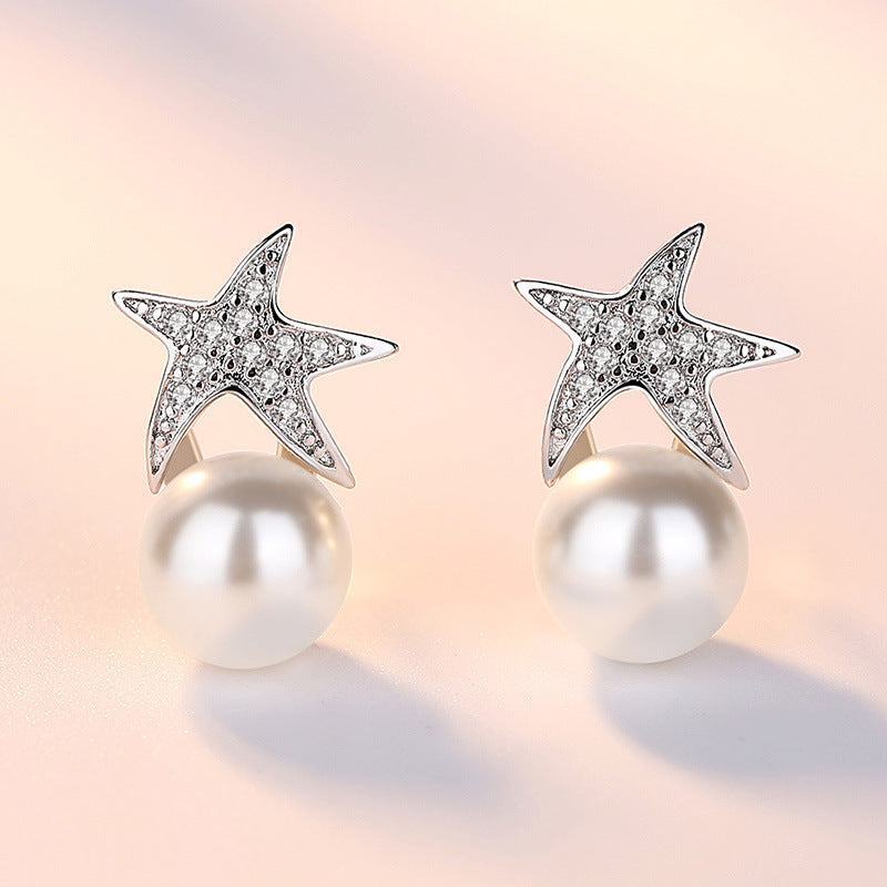 Silver Needle Starfish Short Stud Earrings-Jewearrings