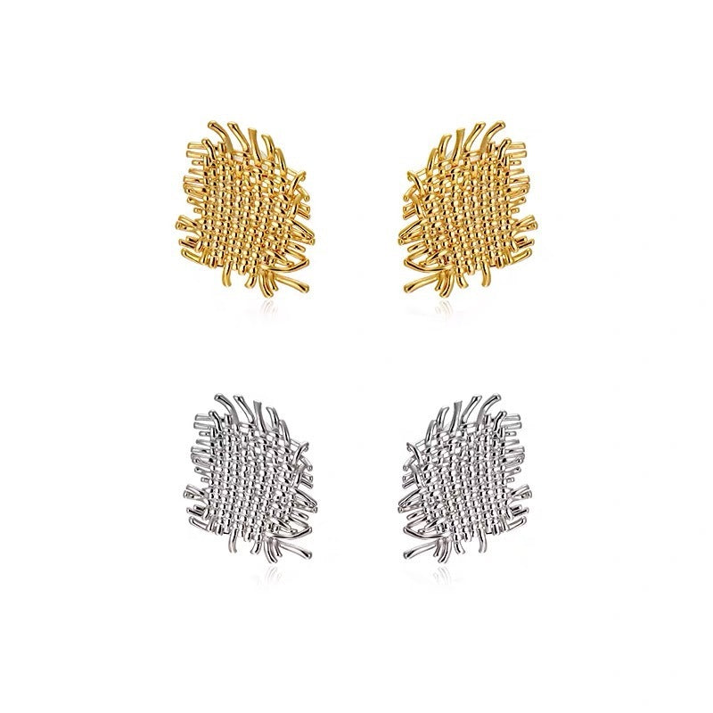 Metal Texture Woven Irregular 925 Silver Needle Stud Earrings-Jewearrings