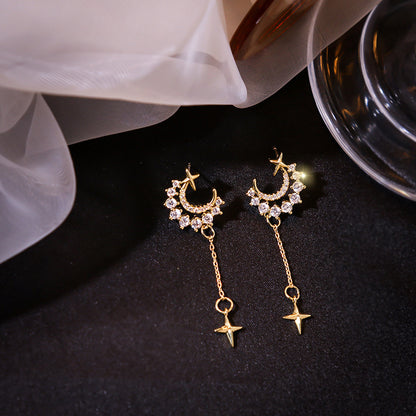 Silver 925 Needle Moon Star Tassel Earrings Simple Temperament-Jewearrings