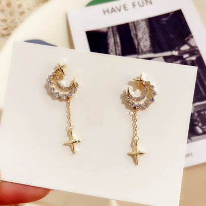 Silver 925 Needle Moon Star Tassel Earrings Simple Temperament-Jewearrings