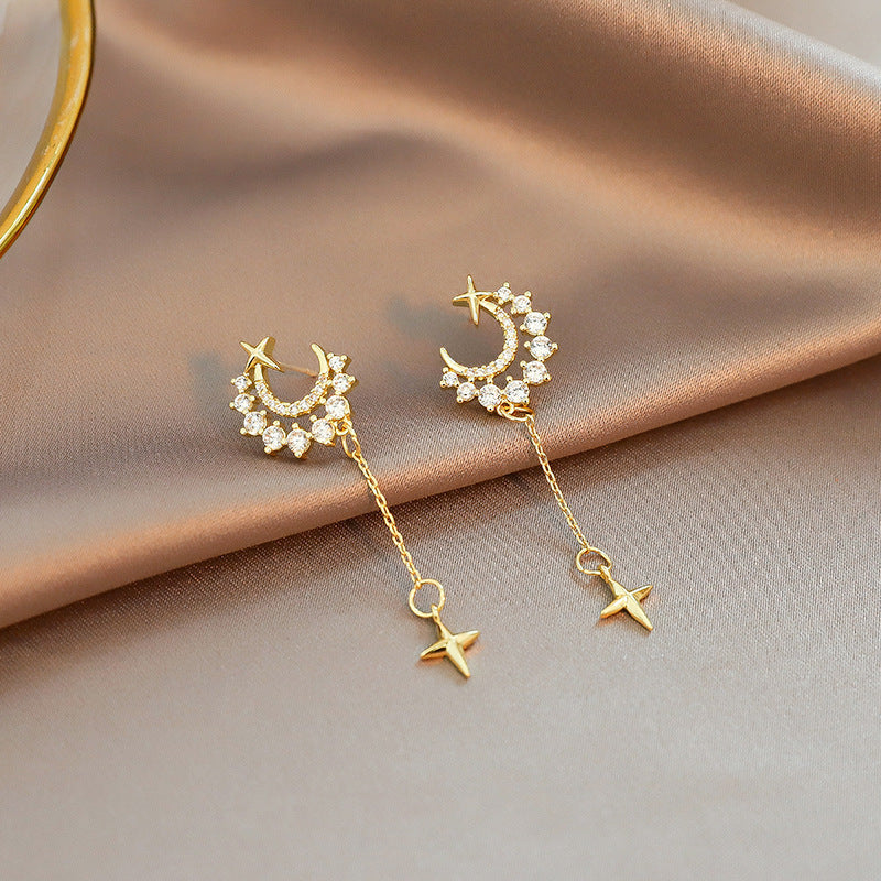 Silver 925 Needle Moon Star Tassel Earrings Simple Temperament-Jewearrings