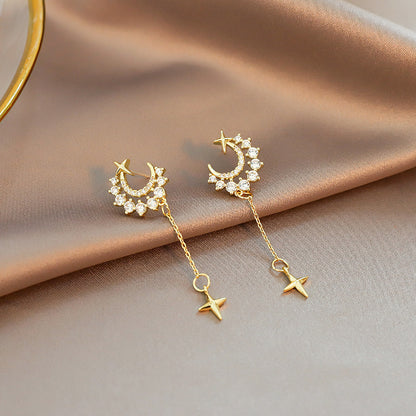 Silver 925 Needle Moon Star Tassel Earrings Simple Temperament-Jewearrings