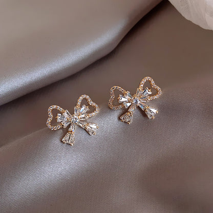 Rhinestone Bow Earrings Female Korean Style Temperament-Jewearrings