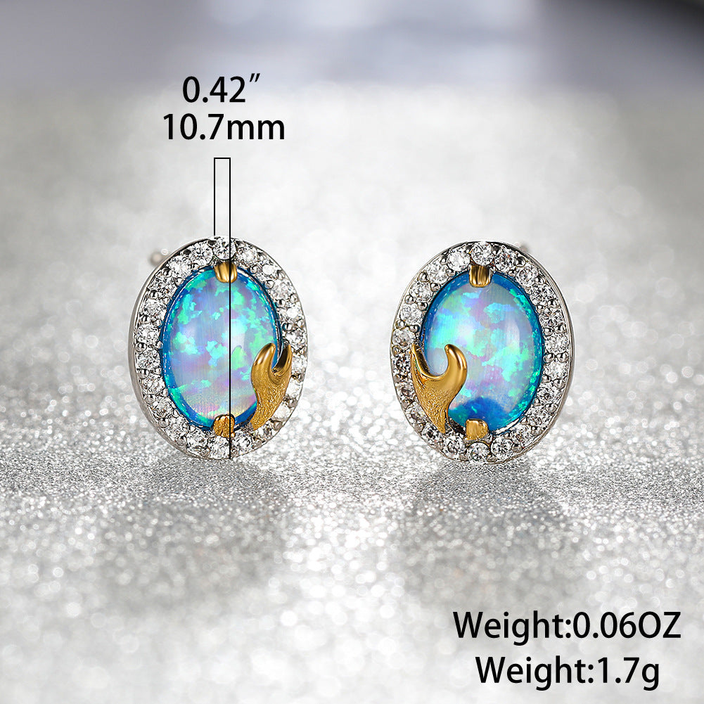 Fashion Oval Opal Golden Spray Stud Earrings-Jewearrings