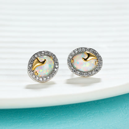 Fashion Oval Opal Golden Spray Stud Earrings-Jewearrings