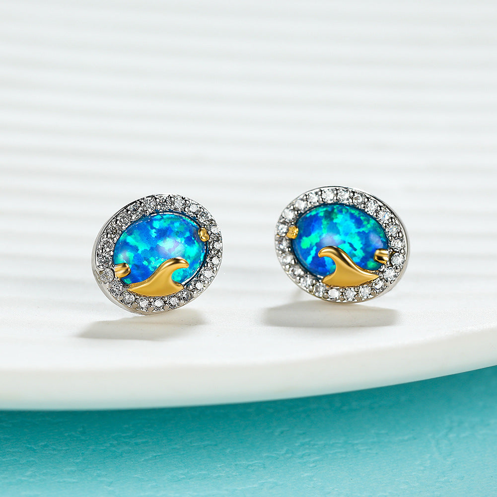 Fashion Oval Opal Golden Spray Stud Earrings-Jewearrings