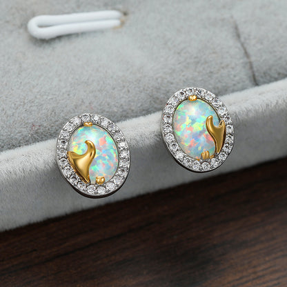 Fashion Oval Opal Golden Spray Stud Earrings-Jewearrings