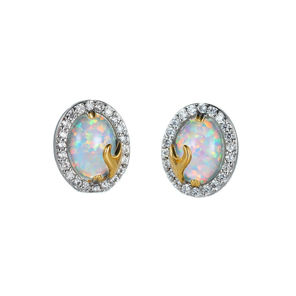 Fashion Oval Opal Golden Spray Stud Earrings-Jewearrings