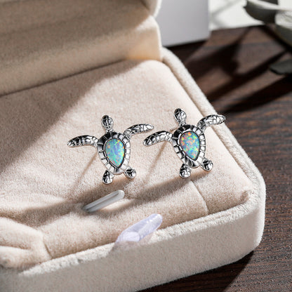 Fashion Platinum White Opal Turtle Stud Earrings-Jewearrings