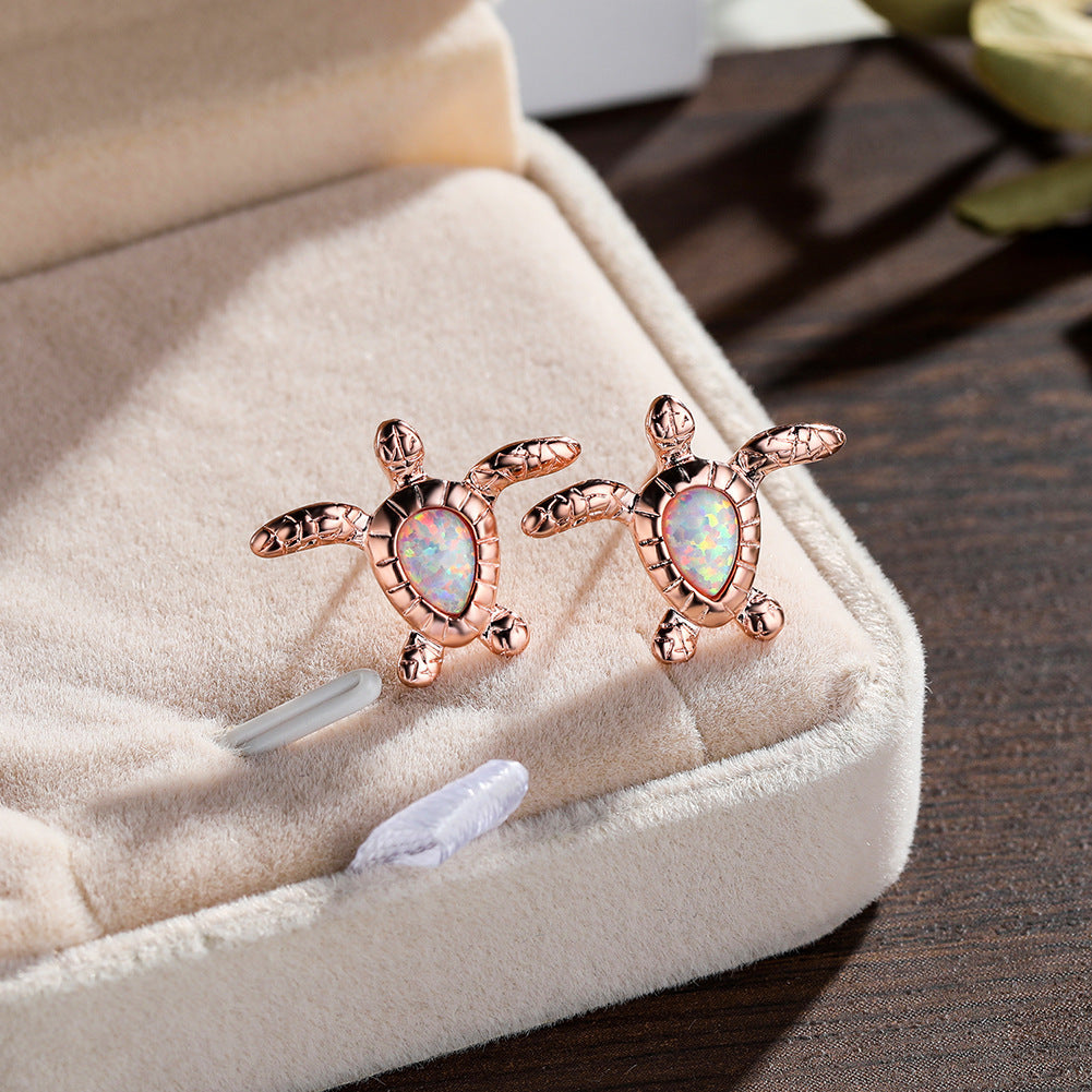 Fashion Platinum White Opal Turtle Stud Earrings-Jewearrings